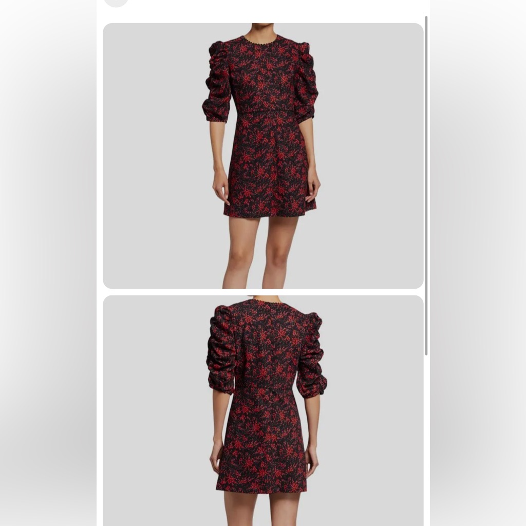 See By Chloe Red And Black Floral Puff Sleeve Mini Dress
